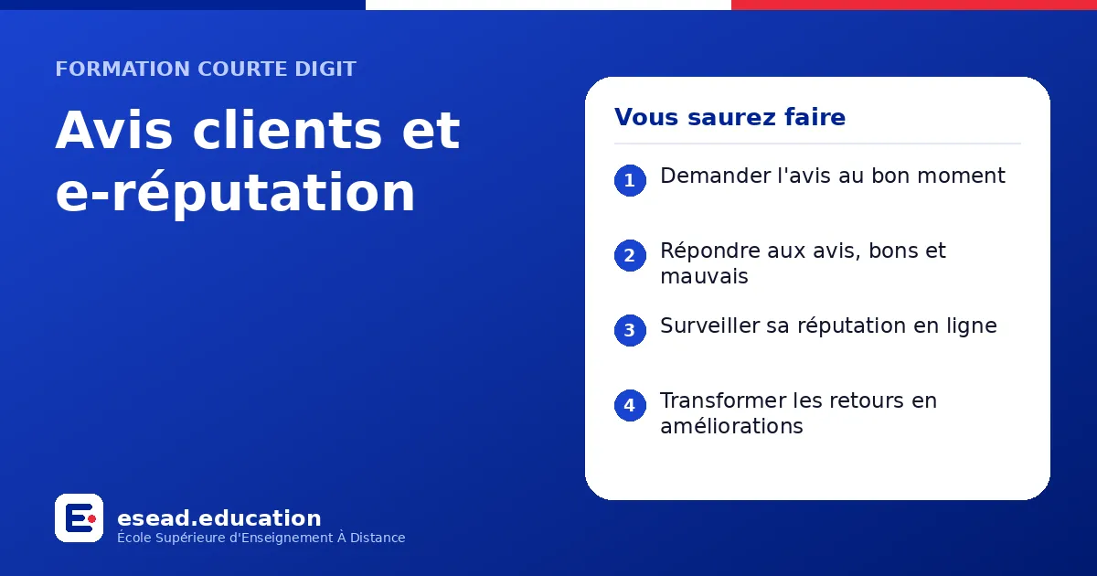 Infographie : Avis clients et e-réputation — 1. Demander l'avis au bon moment ; 2. Répondre aux avis, bons et mauvais ; 3. Surveiller sa réputation en ligne ; 4. Transformer les retours en améliorations