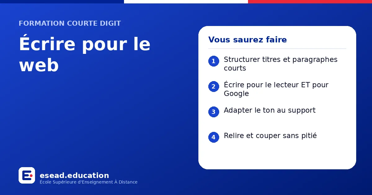Infographie : Écrire pour le web — 1. Structurer titres et paragraphes courts ; 2. Écrire pour le lecteur ET pour Google ; 3. Adapter le ton au support ; 4. Relire et couper sans pitié