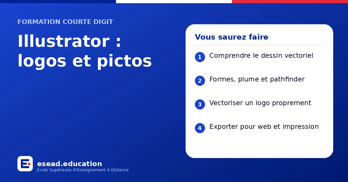 Infographie : Illustrator : logos et pictos — 1. Comprendre le dessin vectoriel ; 2. Formes, plume et pathfinder ; 3. Vectoriser un logo proprement ; 4. Exporter pour web et impression