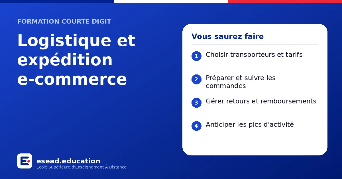 Infographie : Logistique et expédition e-commerce — 1. Choisir transporteurs et tarifs ; 2. Préparer et suivre les commandes ; 3. Gérer retours et remboursements ; 4. Anticiper les pics d'activité