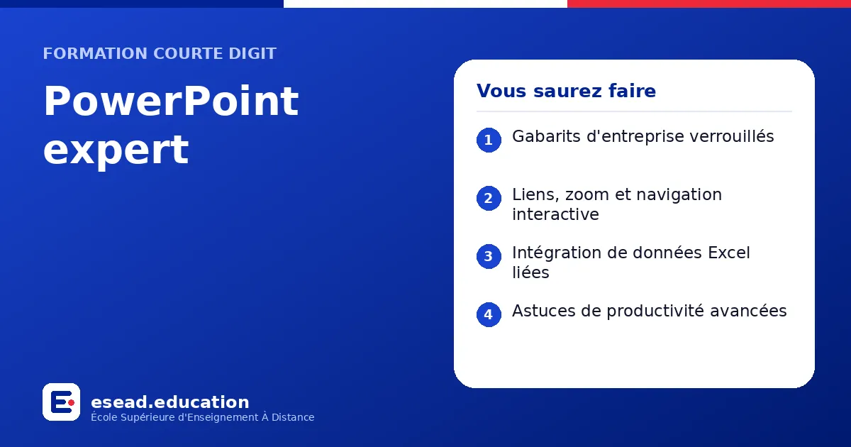 Infographie : PowerPoint expert — 1. Gabarits d'entreprise verrouillés ; 2. Liens, zoom et navigation interactive ; 3. Intégration de données Excel liées ; 4. Astuces de productivité avancées