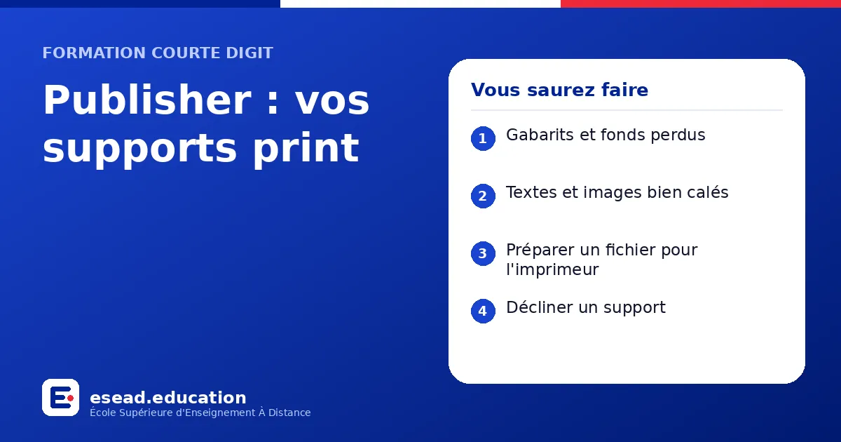 Infographie : Publisher : vos supports print — 1. Gabarits et fonds perdus ; 2. Textes et images bien calés ; 3. Préparer un fichier pour l'imprimeur ; 4. Décliner un support