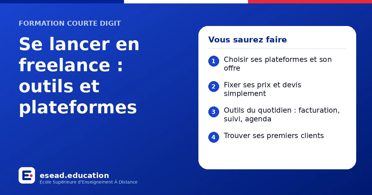 Infographie : Se lancer en freelance : outils et plateformes — 1. Choisir ses plateformes et son offre ; 2. Fixer ses prix et devis simplement ; 3. Outils du quotidien : facturation, suivi, agenda ; 4. Trouver ses premiers clients