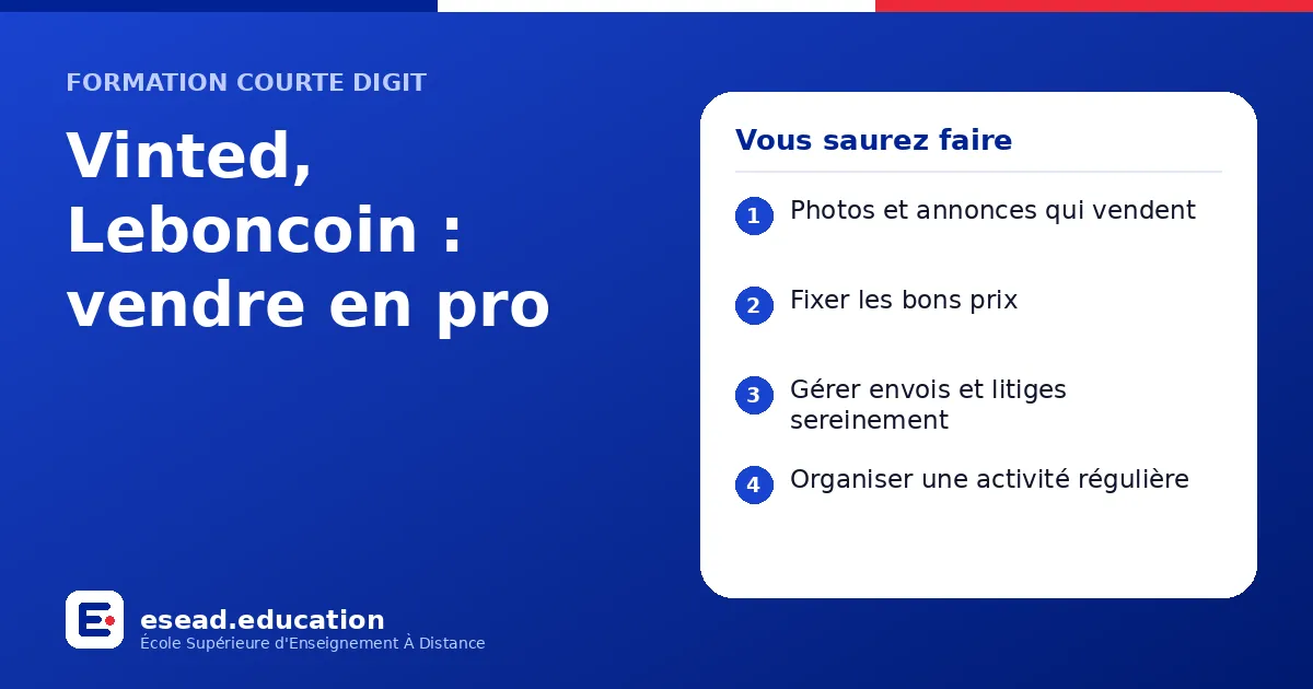 Infographie : Vinted, Leboncoin : vendre en pro — 1. Photos et annonces qui vendent ; 2. Fixer les bons prix ; 3. Gérer envois et litiges sereinement ; 4. Organiser une activité régulière