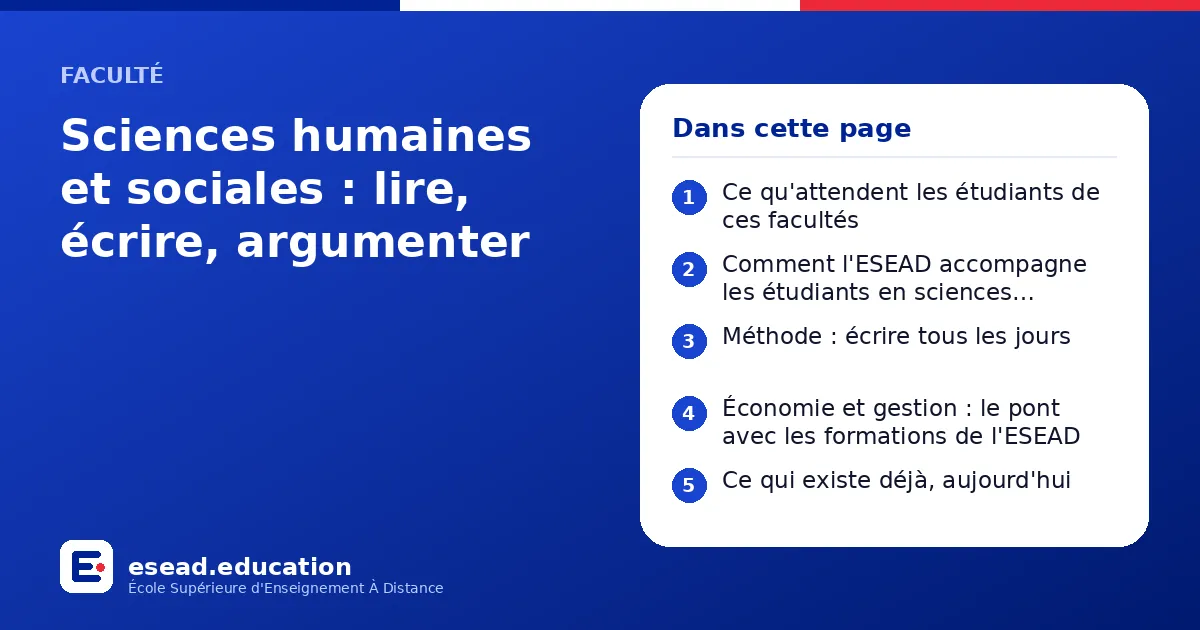 Infographie : Sciences humaines et sociales : lire, écrire, argumenter — 1. Ce qu'attendent les étudiants de ces facultés ; 2. Comment l'ESEAD accompagne les étudiants en sciences humaines et sociales ; 3. Méthode : écrire tous les jours ;