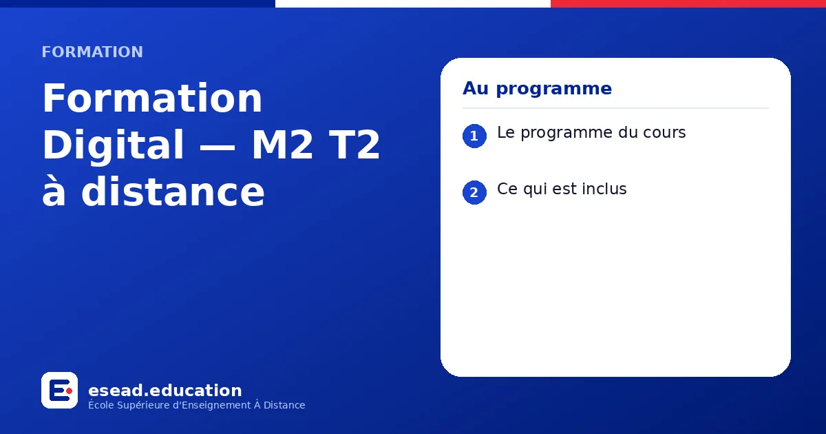 Infographie : Formation Digital — M2 T2 à distance — 1. Le programme du cours ; 2. Ce qui est inclus