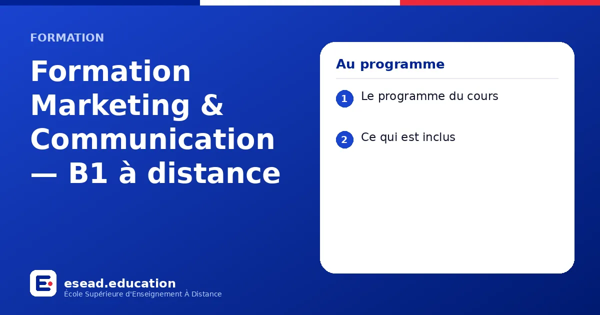Infographie : Formation Marketing & Communication — B1 à distance — 1. Le programme du cours ; 2. Ce qui est inclus