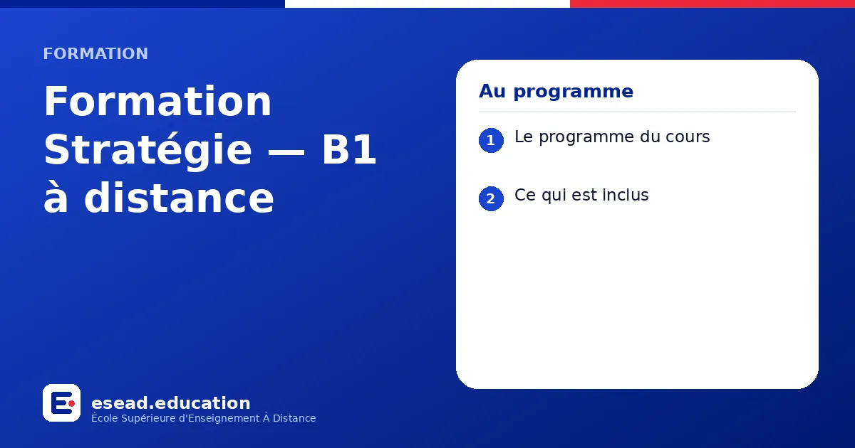 Infographie : Formation Stratégie — B1 à distance — 1. Le programme du cours ; 2. Ce qui est inclus