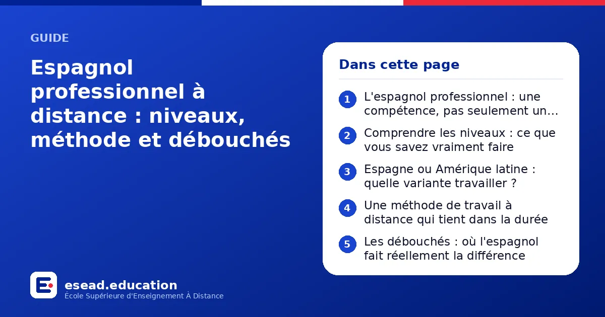 Infographie : Espagnol professionnel à distance : niveaux, méthode et débouchés — 1. L'espagnol professionnel : une compétence, pas seulement une langue ; 2. Comprendre les niveaux : ce que vous savez vraiment faire ; 3. Espagne ou Amérique