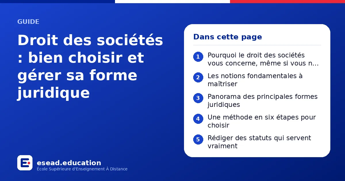 Infographie : Droit des sociétés : bien choisir et gérer sa forme juridique — 1. Pourquoi le droit des sociétés vous concerne, même si vous ne créez pas d'entreprise ; 2. Les notions fondamentales à maîtriser ; 3. Panorama des principales f