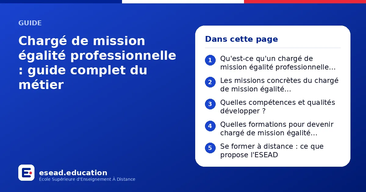 Infographie : Chargé de mission égalité professionnelle : guide complet du métier — 1. Qu'est-ce qu'un chargé de mission égalité professionnelle femmes-hommes ? ; 2. Les missions concrètes du chargé de mission égalité professionnelle ; 3. Q