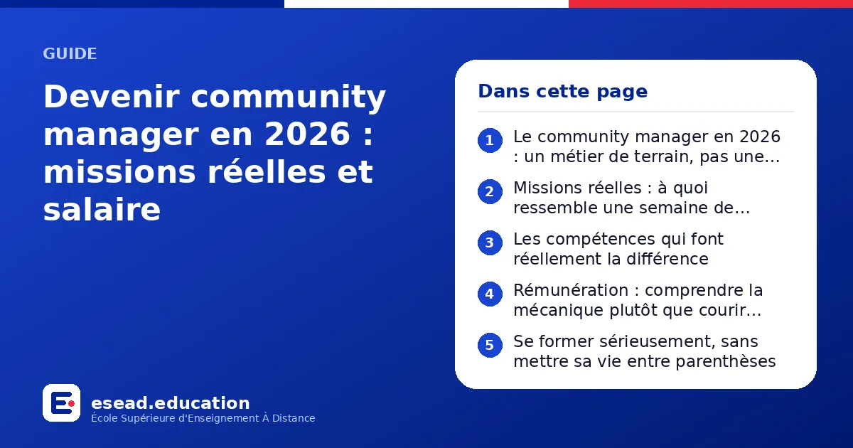 Infographie : Devenir community manager en 2026 : missions réelles et salaire — 1. Le community manager en 2026 : un métier de terrain, pas une vitrine ; 2. Missions réelles : à quoi ressemble une semaine de travail ; 3. Les compétences qui