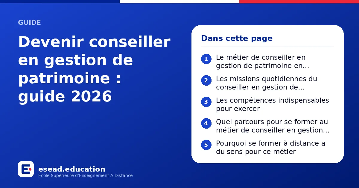 Infographie : Devenir conseiller en gestion de patrimoine : guide 2026 — 1. Le métier de conseiller en gestion de patrimoine en quelques mots ; 2. Les missions quotidiennes du conseiller en gestion de patrimoine ; 3. Les compétences indispe