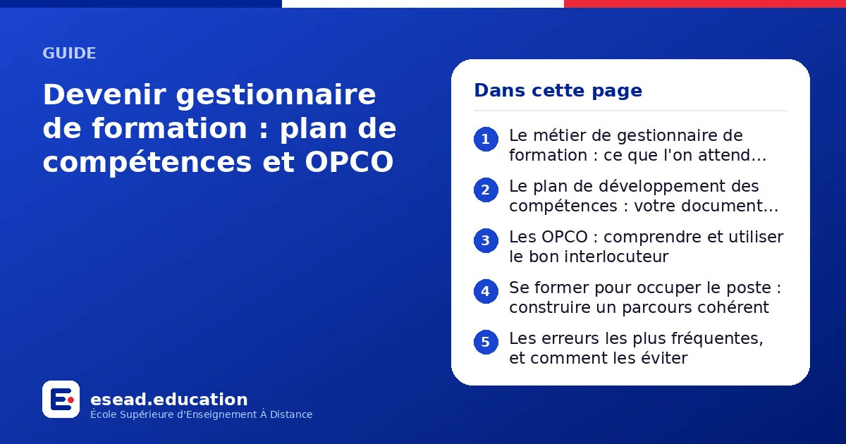 Infographie : Devenir gestionnaire de formation : plan de compétences et OPCO — 1. Le métier de gestionnaire de formation : ce que l'on attend réellement de vous ; 2. Le plan de développement des compétences : votre document maître ; 3. Les