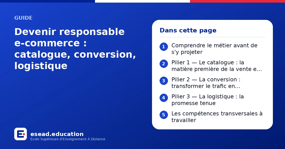 Infographie : Devenir responsable e-commerce : catalogue, conversion, logistique — 1. Comprendre le métier avant de s'y projeter ; 2. Pilier 1 — Le catalogue : la matière première de la vente en ligne ; 3. Pilier 2 — La conversion : transfo