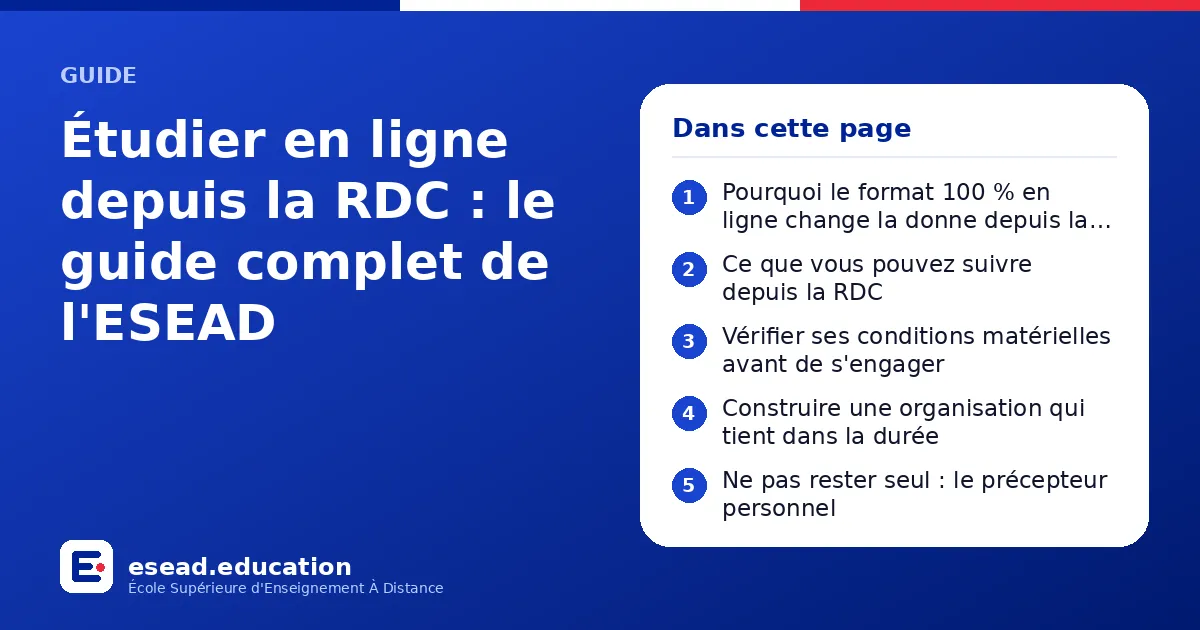 Infographie : Étudier en ligne depuis la RDC : le guide complet de l'ESEAD — 1. Pourquoi le format 100 % en ligne change la donne depuis la RDC ; 2. Ce que vous pouvez suivre depuis la RDC ; 3. Vérifier ses conditions matérielles avant de s
