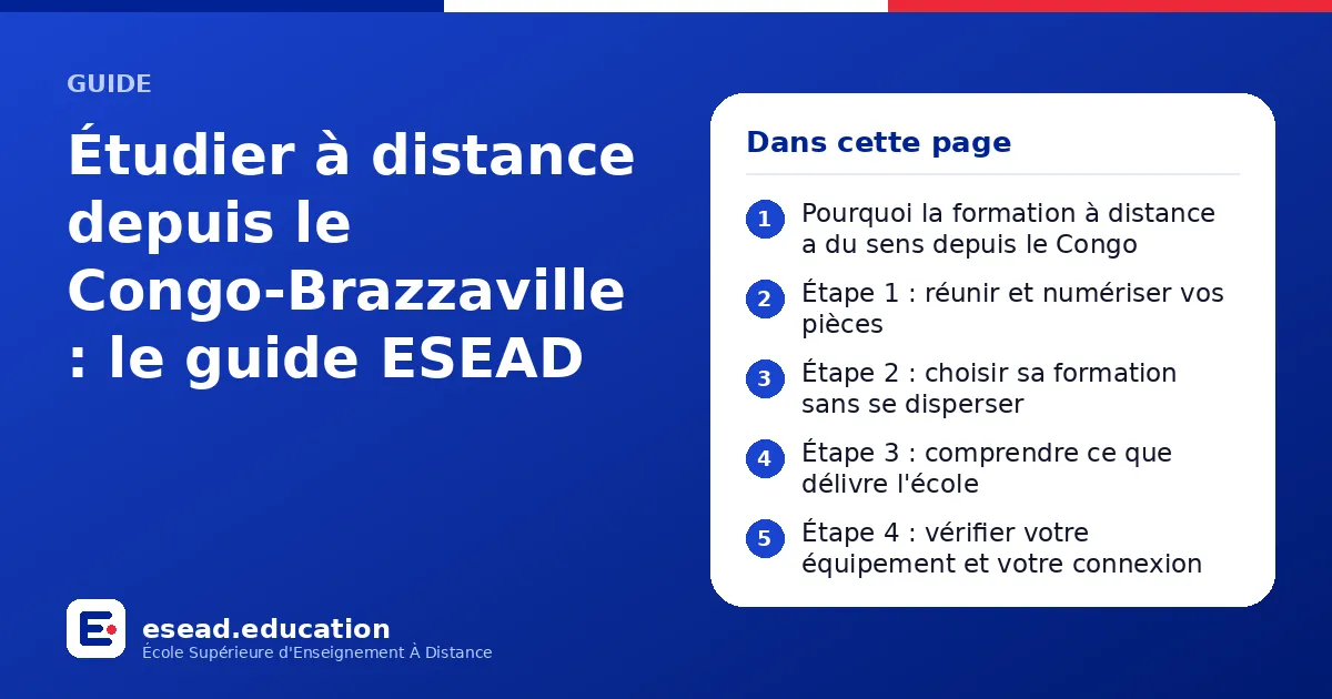 Infographie : Étudier à distance depuis le Congo-Brazzaville : le guide ESEAD — 1. Pourquoi la formation à distance a du sens depuis le Congo ; 2. Étape 1 : réunir et numériser vos pièces ; 3. Étape 2 : choisir sa formation sans se disperse