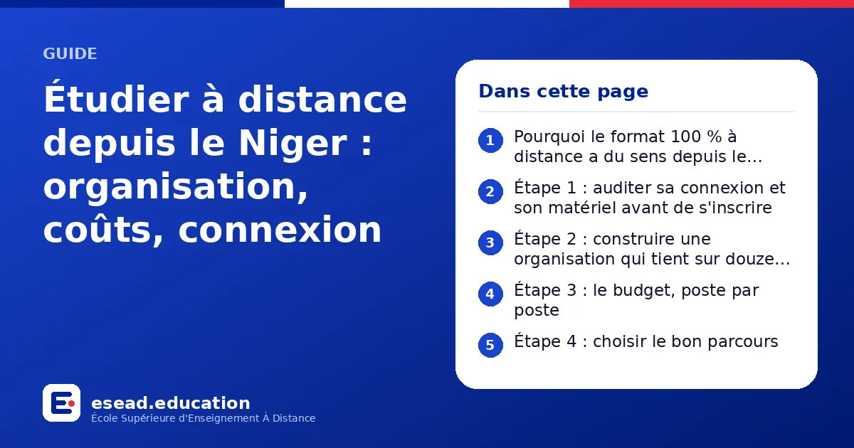 Infographie : Étudier à distance depuis le Niger : organisation, coûts, connexion — 1. Pourquoi le format 100 % à distance a du sens depuis le Niger ; 2. Étape 1 : auditer sa connexion et son matériel avant de s'inscrire ; 3. Étape 2 : cons