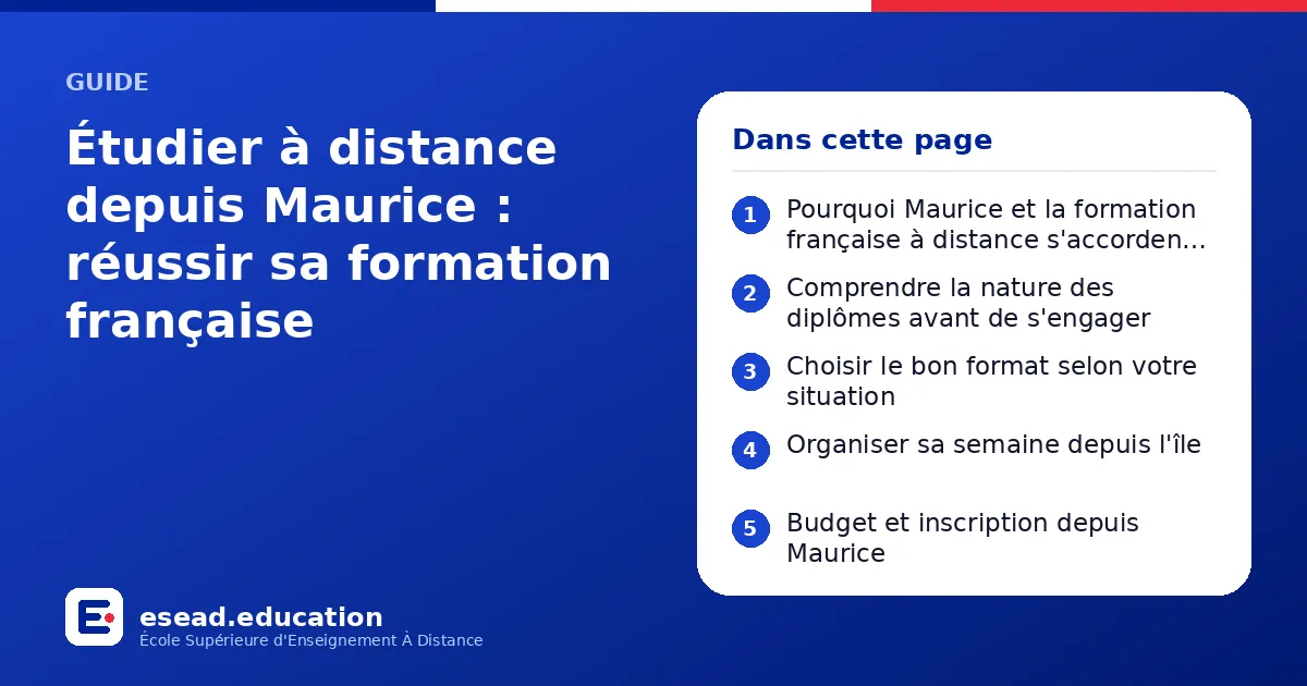Infographie : Étudier à distance depuis Maurice : réussir sa formation française — 1. Pourquoi Maurice et la formation française à distance s'accordent si bien ; 2. Comprendre la nature des diplômes avant de s'engager ; 3. Choisir le bon fo