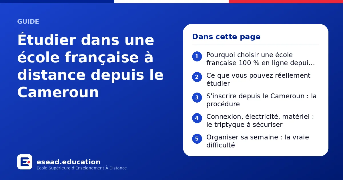 Infographie : Étudier dans une école française à distance depuis le Cameroun — 1. Pourquoi choisir une école française 100 % en ligne depuis le Cameroun ; 2. Ce que vous pouvez réellement étudier ; 3. S'inscrire depuis le Cameroun : la proc