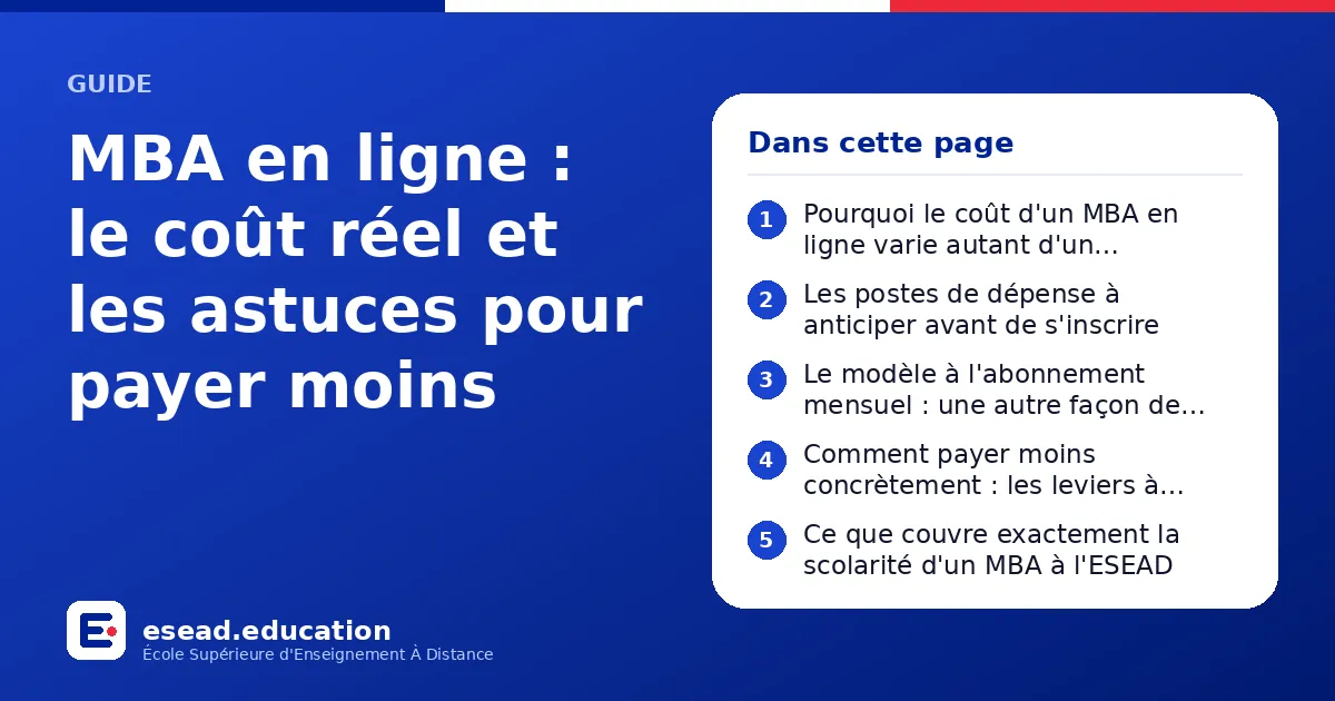 Infographie : MBA en ligne : le coût réel et les astuces pour payer moins — 1. Pourquoi le coût d'un MBA en ligne varie autant d'un établissement à l'autre ; 2. Les postes de dépense à anticiper avant de s'inscrire ; 3. Le modèle à l'abonne