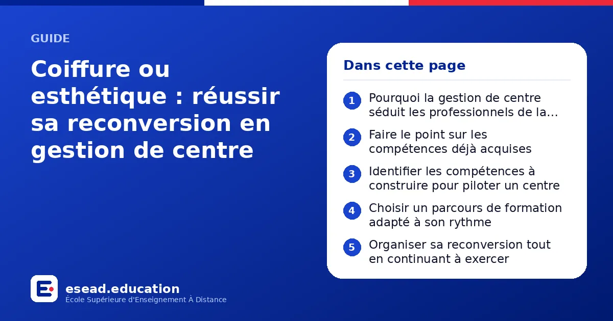 Infographie : Coiffure ou esthétique : réussir sa reconversion en gestion de centre — 1. Pourquoi la gestion de centre séduit les professionnels de la coiffure et de l'esthétique ; 2. Faire le point sur les compétences déjà acquises ; 3. Id