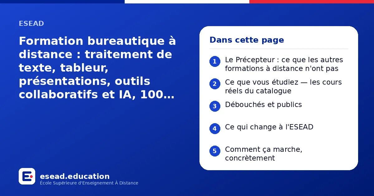 Infographie : Formation bureautique à distance : traitement de texte, tableur, présentations, outils collaboratifs et IA, 100 % en ligne — 1. Le Précepteur : ce que les autres formations à distance n'ont pas ; 2. Ce que vous étudiez — les c