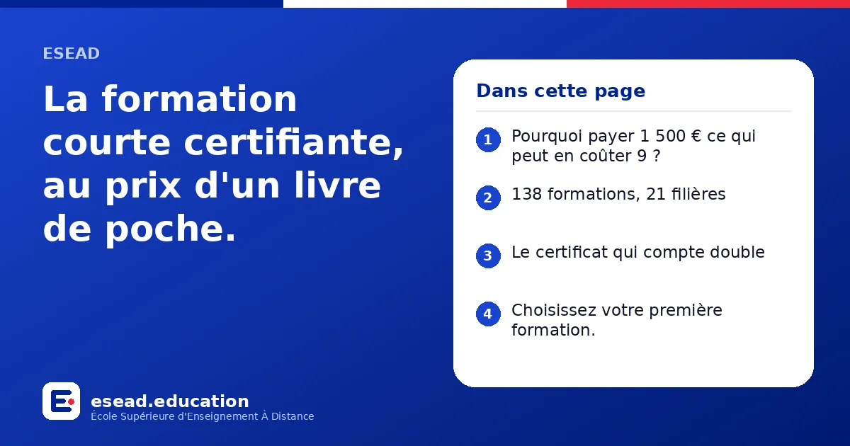 Infographie : La formation courte certifiante, au prix d'un livre de poche. — 1. Pourquoi payer 1 500 € ce qui peut en coûter 9 ? ; 2. 138 formations, 21 filières ; 3. Le certificat qui compte double ; 4. Choisissez votre première formation