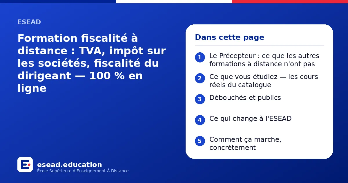 Infographie : Formation fiscalité à distance : TVA, impôt sur les sociétés, fiscalité du dirigeant — 100 % en ligne — 1. Le Précepteur : ce que les autres formations à distance n'ont pas ; 2. Ce que vous étudiez — les cours réels du catalog
