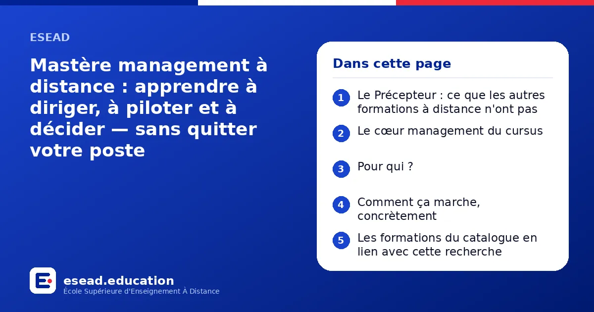 Infographie : Mastère management à distance : apprendre à diriger, à piloter et à décider — sans quitter votre poste — 1. Le Précepteur : ce que les autres formations à distance n'ont pas ; 2. Le cœur management du cursus ; 3. Pour qui ? ; 