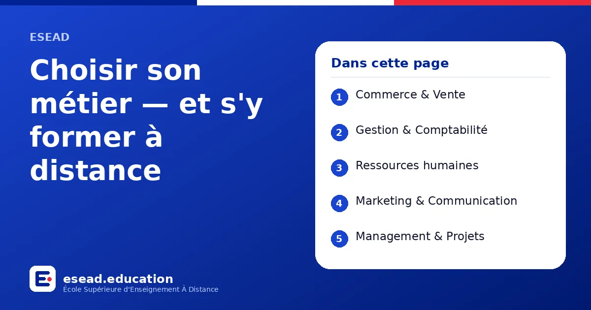 Infographie : Choisir son métier — et s'y former à distance — 1. Commerce & Vente ; 2. Gestion & Comptabilité ; 3. Ressources humaines ; 4. Marketing & Communication ; 5. Management & Projets