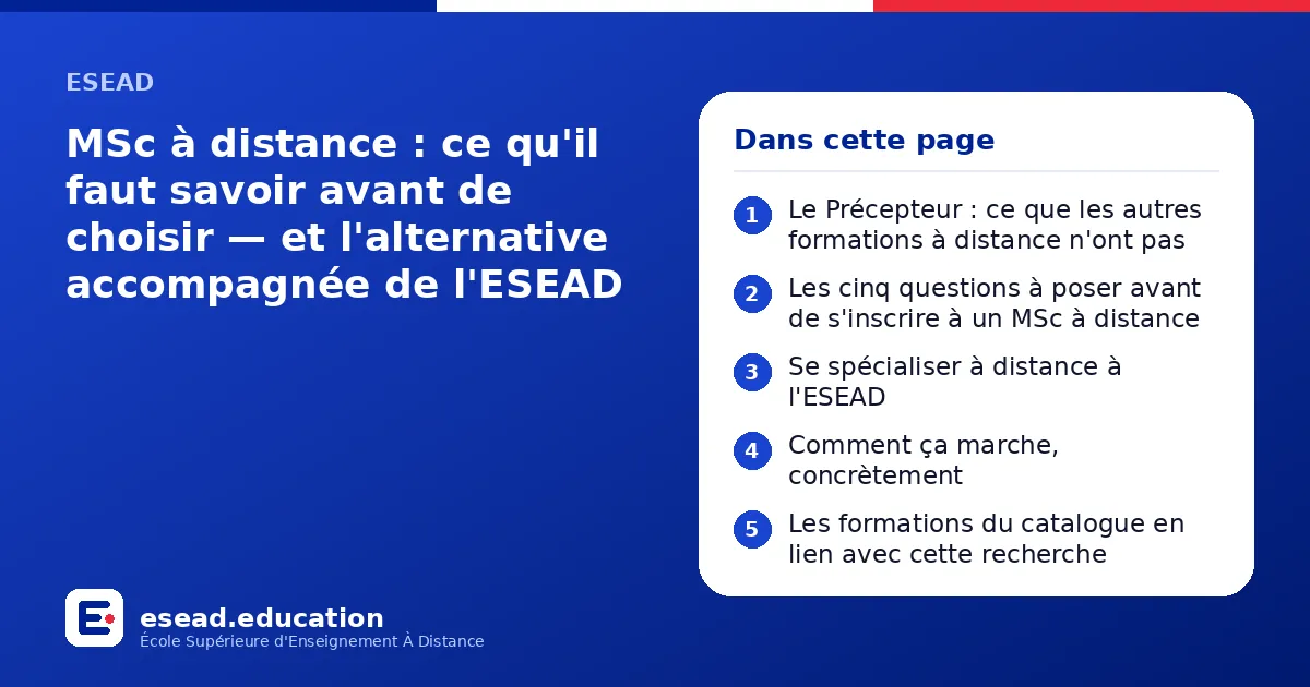 Infographie : MSc à distance : ce qu'il faut savoir avant de choisir — et l'alternative accompagnée de l'ESEAD — 1. Le Précepteur : ce que les autres formations à distance n'ont pas ; 2. Les cinq questions à poser avant de s'inscrire à un M