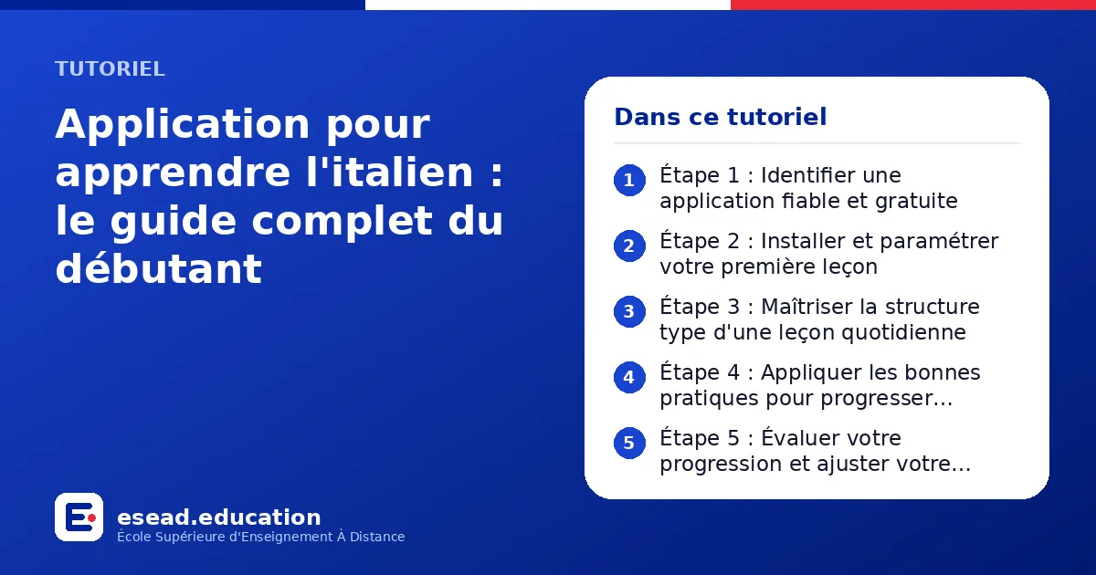 Infographie : Application pour apprendre l'italien : le guide complet du débutant — 1. Étape 1 : Identifier une application fiable et gratuite ; 2. Étape 2 : Installer et paramétrer votre première leçon ; 3. Étape 3 : Maîtriser la structure