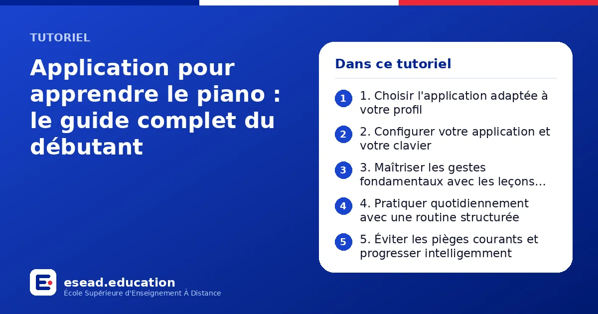 Infographie : Application pour apprendre le piano : le guide complet du débutant — 1. 1. Choisir l'application adaptée à votre profil ; 2. 2. Configurer votre application et votre clavier ; 3. 3. Maîtriser les gestes fondamentaux avec les l