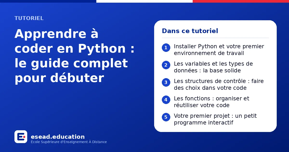 Infographie : Apprendre à coder en Python : le guide complet pour débuter — 1. Installer Python et votre premier environnement de travail ; 2. Les variables et les types de données : la base solide ; 3. Les structures de contrôle : faire de