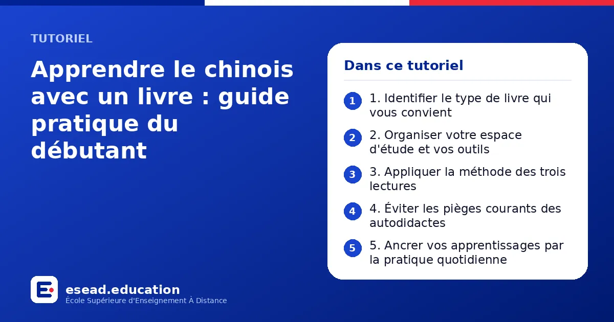 Infographie : Apprendre le chinois avec un livre : guide pratique du débutant — 1. 1. Identifier le type de livre qui vous convient ; 2. 2. Organiser votre espace d'étude et vos outils ; 3. 3. Appliquer la méthode des trois lectures ; 4. 4.