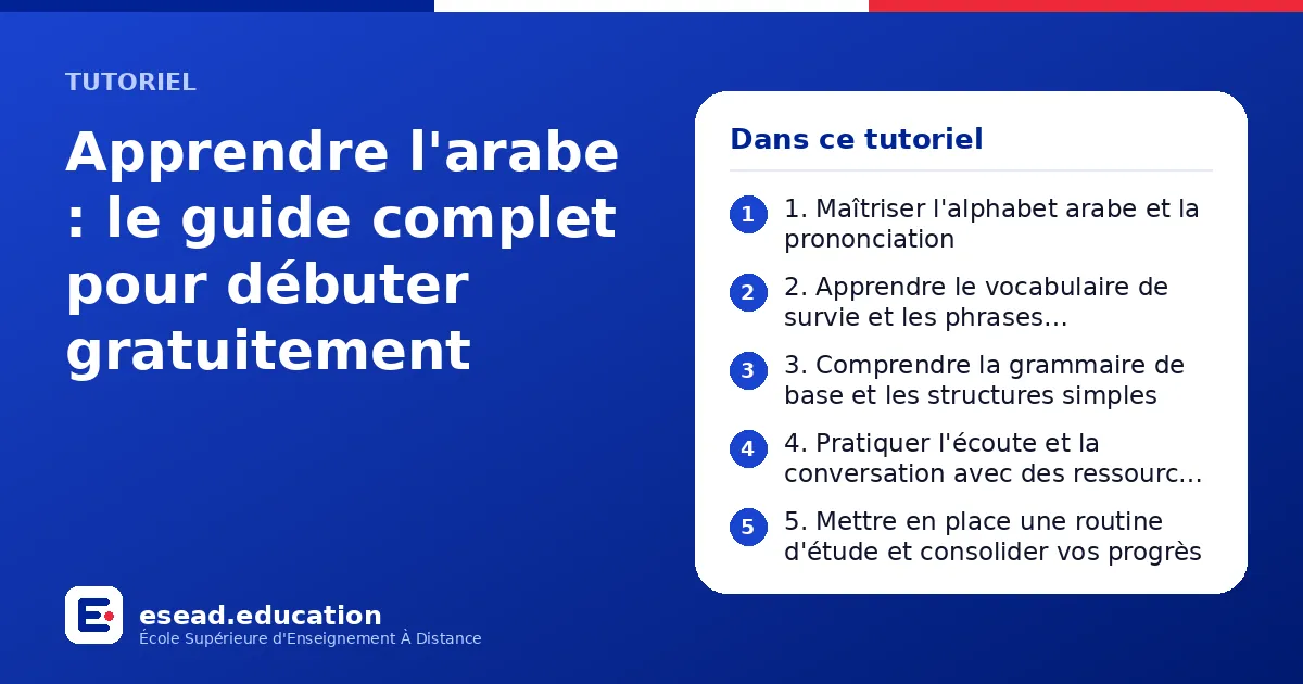 Infographie : Apprendre l'arabe : le guide complet pour débuter gratuitement — 1. 1. Maîtriser l'alphabet arabe et la prononciation ; 2. 2. Apprendre le vocabulaire de survie et les phrases élémentaires ; 3. 3. Comprendre la grammaire de ba