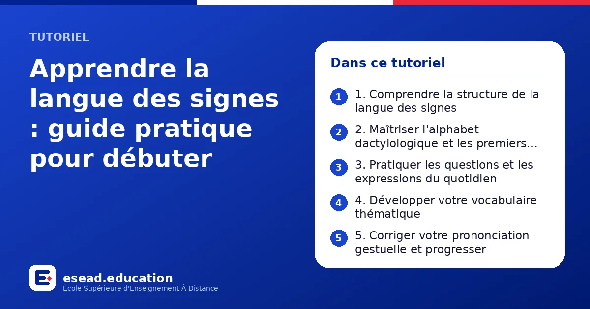 Infographie : Apprendre la langue des signes : guide pratique pour débuter — 1. 1. Comprendre la structure de la langue des signes ; 2. 2. Maîtriser l'alphabet dactylologique et les premiers signes ; 3. 3. Pratiquer les questions et les exp