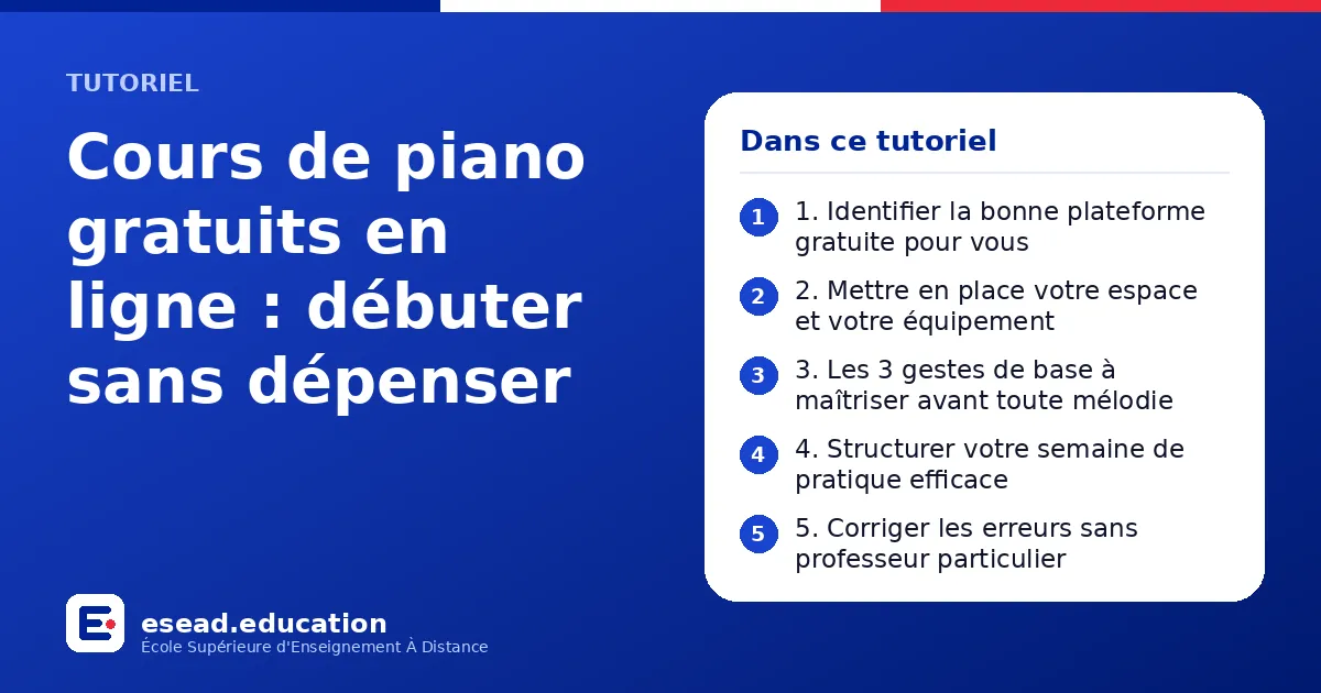 Infographie : Cours de piano gratuits en ligne : débuter sans dépenser — 1. 1. Identifier la bonne plateforme gratuite pour vous ; 2. 2. Mettre en place votre espace et votre équipement ; 3. 3. Les 3 gestes de base à maîtriser avant toute m