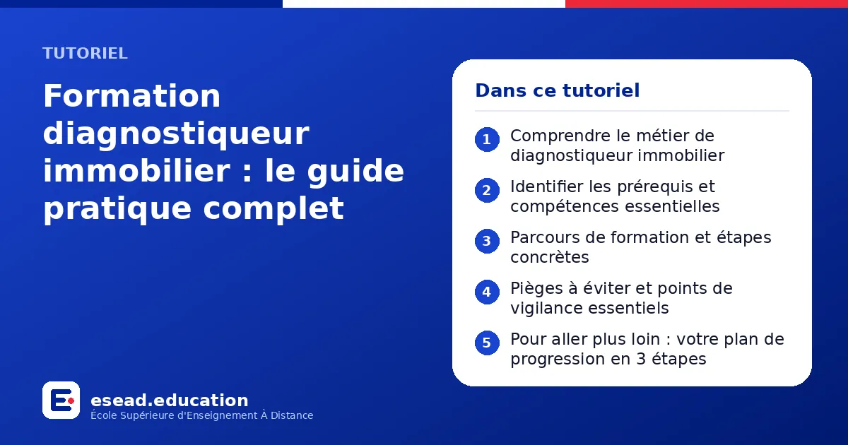 Infographie : Formation diagnostiqueur immobilier : le guide pratique complet — 1. Comprendre le métier de diagnostiqueur immobilier ; 2. Identifier les prérequis et compétences essentielles ; 3. Parcours de formation et étapes concrètes ; 