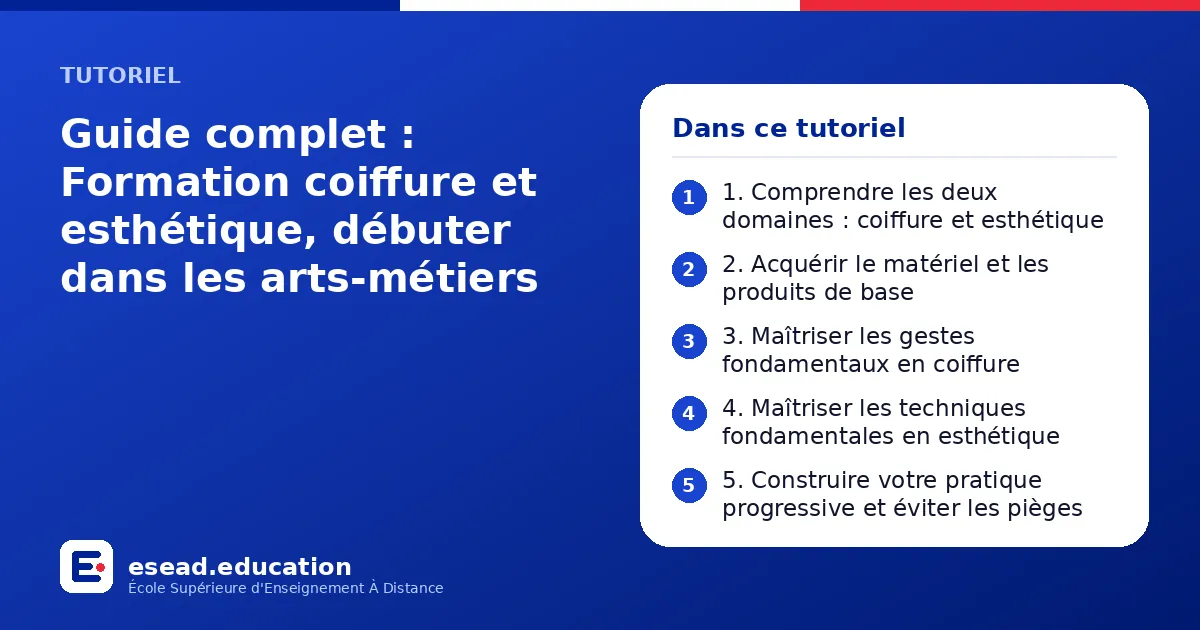 Infographie : Guide complet : Formation coiffure et esthétique, débuter dans les arts-métiers — 1. 1. Comprendre les deux domaines : coiffure et esthétique ; 2. 2. Acquérir le matériel et les produits de base ; 3. 3. Maîtriser les gestes fo