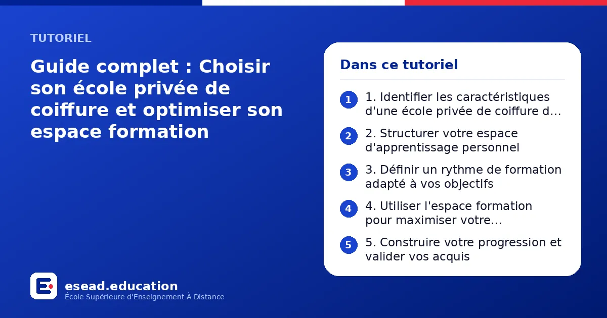 Infographie : Guide complet : Choisir son école privée de coiffure et optimiser son espace formation — 1. 1. Identifier les caractéristiques d'une école privée de coiffure de qualité ; 2. 2. Structurer votre espace d'apprentissage personnel
