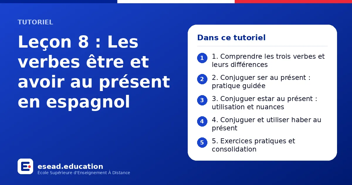 Infographie : Leçon 8 : Les verbes être et avoir au présent en espagnol — 1. 1. Comprendre les trois verbes et leurs différences ; 2. 2. Conjuguer ser au présent : pratique guidée ; 3. 3. Conjuguer estar au présent : utilisation et nuances 