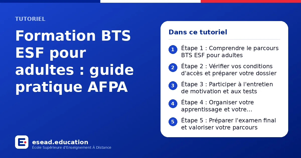 Infographie : Formation BTS ESF pour adultes : guide pratique AFPA — 1. Étape 1 : Comprendre le parcours BTS ESF pour adultes ; 2. Étape 2 : Vérifier vos conditions d'accès et préparer votre dossier ; 3. Étape 3 : Participer à l'entretien d