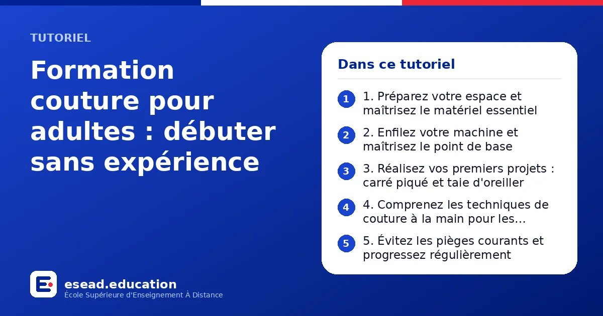 Infographie : Formation couture pour adultes : débuter sans expérience — 1. 1. Préparez votre espace et maîtrisez le matériel essentiel ; 2. 2. Enfilez votre machine et maîtrisez le point de base ; 3. 3. Réalisez vos premiers projets : carr