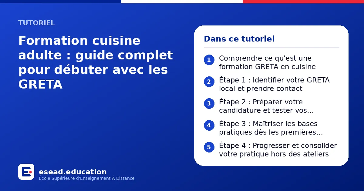 Infographie : Formation cuisine adulte : guide complet pour débuter avec les GRETA — 1. Comprendre ce qu'est une formation GRETA en cuisine ; 2. Étape 1 : Identifier votre GRETA local et prendre contact ; 3. Étape 2 : Préparer votre candida