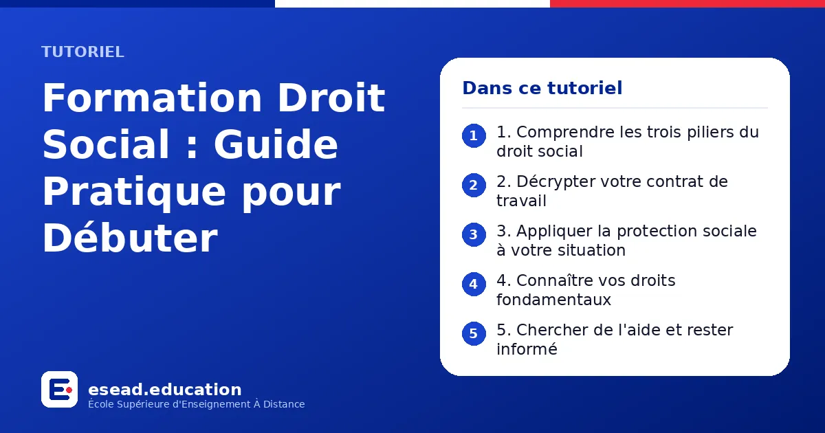 Infographie : Formation Droit Social : Guide Pratique pour Débuter — 1. 1. Comprendre les trois piliers du droit social ; 2. 2. Décrypter votre contrat de travail ; 3. 3. Appliquer la protection sociale à votre situation ; 4. 4. Connaître v