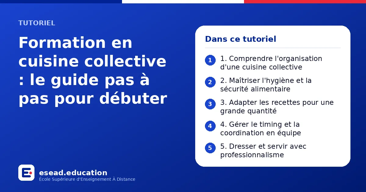 Infographie : Formation en cuisine collective : le guide pas à pas pour débuter — 1. 1. Comprendre l'organisation d'une cuisine collective ; 2. 2. Maîtriser l'hygiène et la sécurité alimentaire ; 3. 3. Adapter les recettes pour une grande q