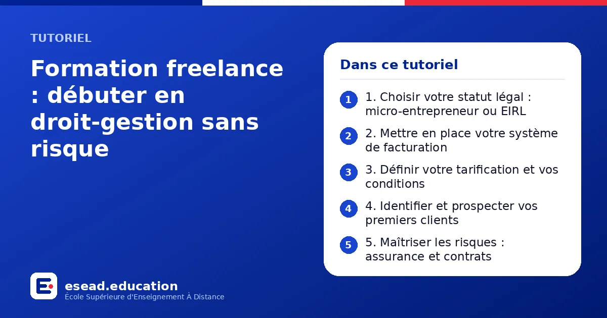 Infographie : Formation freelance : débuter en droit-gestion sans risque — 1. 1. Choisir votre statut légal : micro-entrepreneur ou EIRL ; 2. 2. Mettre en place votre système de facturation ; 3. 3. Définir votre tarification et vos conditio