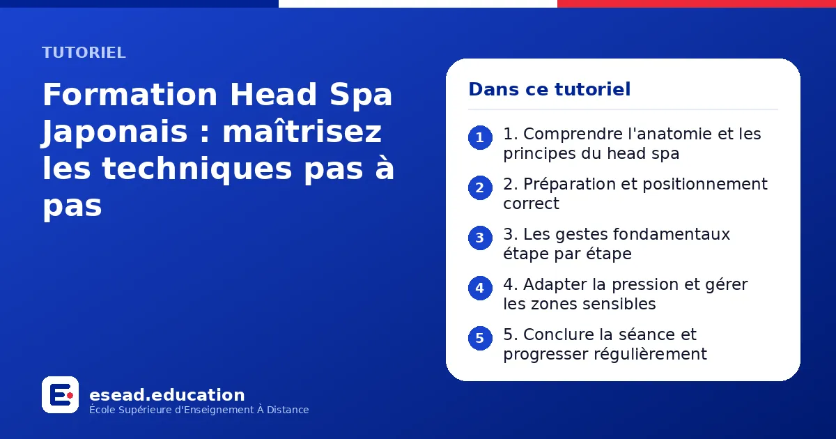Infographie : Formation Head Spa Japonais : maîtrisez les techniques pas à pas — 1. 1. Comprendre l'anatomie et les principes du head spa ; 2. 2. Préparation et positionnement correct ; 3. 3. Les gestes fondamentaux étape par étape ; 4. 4. 